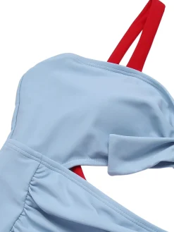 Clearance Retro Stage [US Warehouse] Blue 1930s Folds Back Strap One-Piece Swimsuit Blue Grey