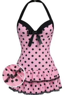 Best Retro Stage [US Warehouse] Blue 1940s Halter Polka Dots Bow One-Piece Swimsuit