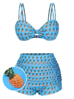Clearance Retro Stage [US Warehouse] 1950s Pineapple Strap Bow Swimsuit Blue