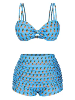 Clearance Retro Stage [US Warehouse] 1950s Pineapple Strap Bow Swimsuit Blue