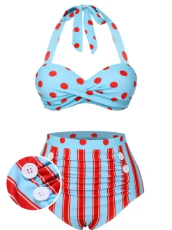 Fashion Retro Stage [US Warehouse] 1940s Polka Dot Stripe Halter Swimsuit Blue