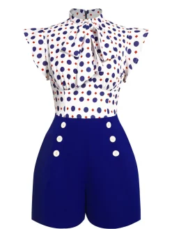Discount Retro Stage [US Warehouse] 1950s Polka Dot Buttoned Romper Blue