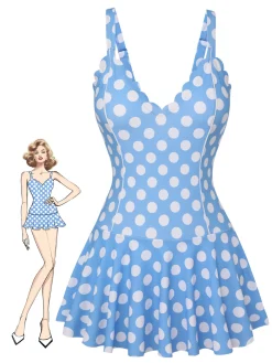 Hot Retro Stage [US Warehouse] 1960s Polka Dot Petal Neck Swimsuit Blue