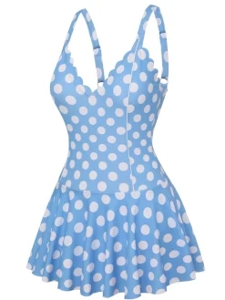 Hot Retro Stage [US Warehouse] 1960s Polka Dot Petal Neck Swimsuit Blue