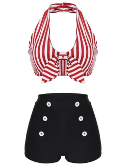 Outlet Retro Stage [US Warehouse] Blue 1950s Retro Halter Stripes Bikini Set