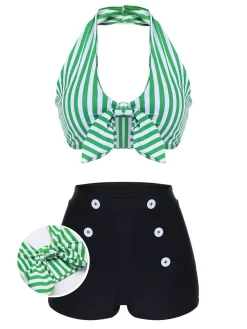 Outlet Retro Stage [US Warehouse] Blue 1950s Retro Halter Stripes Bikini Set