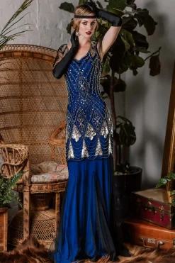 Clearance Retro Stage [US Warehouse] Blue 1920s Sequined Maxi Flapper Dress