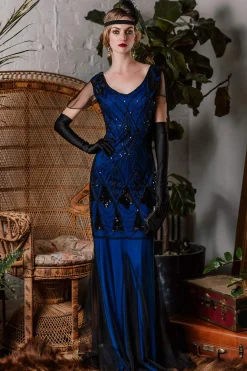Clearance Retro Stage [US Warehouse] Blue 1920s Sequined Maxi Flapper Dress