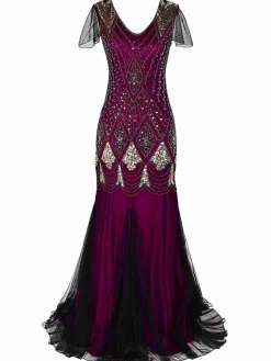 Clearance Retro Stage [US Warehouse] Blue 1920s Sequined Maxi Flapper Dress