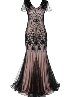 Clearance Retro Stage [US Warehouse] Blue 1920s Sequined Maxi Flapper Dress