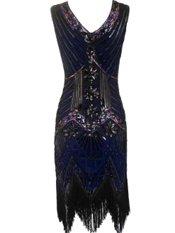 Clearance Retro Stage [US Warehouse] 1920s Sequined Flapper Dress Blue
