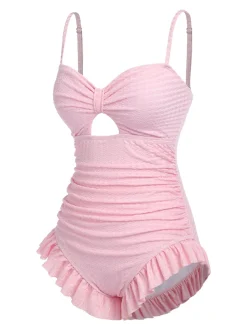 Sale Retro Stage [US Warehouse] Blue 1950s Solid Ruched Swimsuit