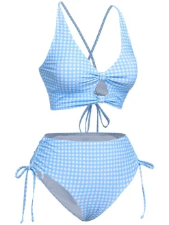 New Retro Stage [US Warehouse] 1950s Spaghetti Strap Plaids Swimsuit Blue