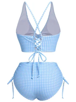 New Retro Stage [US Warehouse] 1950s Spaghetti Strap Plaids Swimsuit Blue