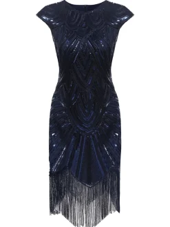 Clearance Retro Stage [US Warehouse] Blue 1920s Tassel Gatsby Flapper Dress