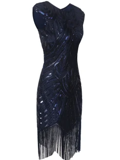 Clearance Retro Stage [US Warehouse] Blue 1920s Tassel Gatsby Flapper Dress
