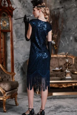 Clearance Retro Stage [US Warehouse] Blue 1920s Tassel Gatsby Flapper Dress