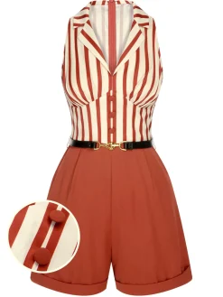 Hot Retro Stage [US Warehouse] 1940s Striped Lapel Romper Brick Red