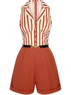 Hot Retro Stage [US Warehouse] 1940s Striped Lapel Romper Brick Red