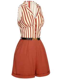 Hot Retro Stage [US Warehouse] 1940s Striped Lapel Romper Brick Red