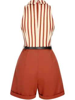 Hot Retro Stage [US Warehouse] 1940s Striped Lapel Romper Brick Red