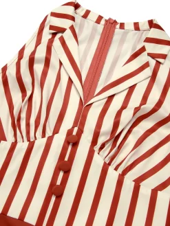 Hot Retro Stage [US Warehouse] 1940s Striped Lapel Romper Brick Red