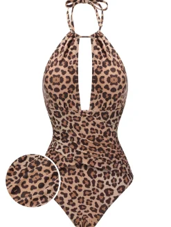 Clearance Retro Stage [US Warehouse] 1930s Leopard V-Neck Halter Swimsuit Brown