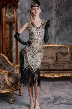 Online Retro Stage [US Warehouse] 1920s Sequined Flapper Dress Champagne