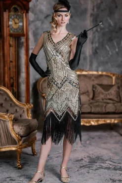 Online Retro Stage [US Warehouse] 1920s Sequined Flapper Dress Champagne