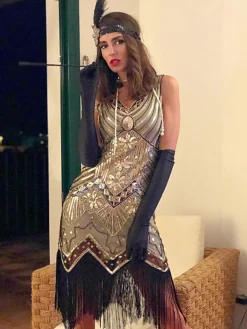 Online Retro Stage [US Warehouse] 1920s Sequined Flapper Dress Champagne