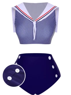 New Retro Stage [US Warehouse] 1940s Dots Sailor Collar Swimsuit Dark Blue
