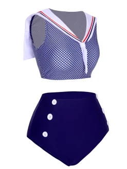 New Retro Stage [US Warehouse] 1940s Dots Sailor Collar Swimsuit Dark Blue