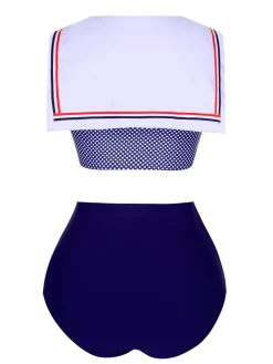 New Retro Stage [US Warehouse] 1940s Dots Sailor Collar Swimsuit Dark Blue
