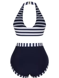 New Retro Stage [US Warehouse] 1930s Stripes Halter Buttons Swimsuit Dark Blue