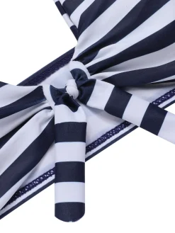 New Retro Stage [US Warehouse] 1930s Stripes Halter Buttons Swimsuit Dark Blue