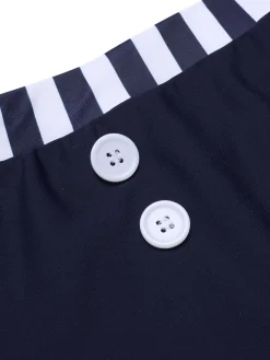 New Retro Stage [US Warehouse] 1930s Stripes Halter Buttons Swimsuit Dark Blue