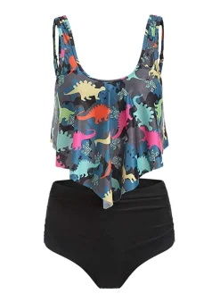 Discount Retro Stage [US Warehouse] 1950s Retro Dinosaur Tankini Set Dark Gray