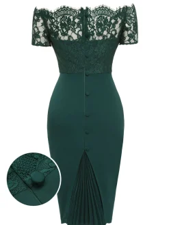 Fashion Retro Stage [US Warehouse] 1960s Lace Off-shoulder Dress Dark Green