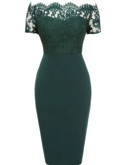 Fashion Retro Stage [US Warehouse] 1960s Lace Off-shoulder Dress Dark Green