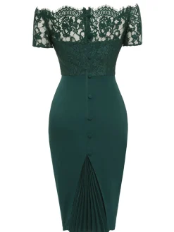 Fashion Retro Stage [US Warehouse] 1960s Lace Off-shoulder Dress Dark Green