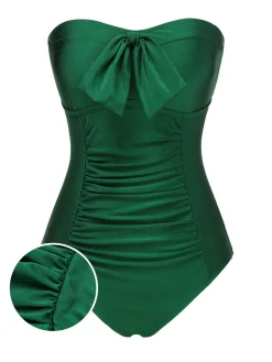 Discount Retro Stage [US Warehouse] 1970s Solid Pleated Bandeau Swimsuit Dark Green