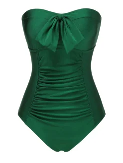 Discount Retro Stage [US Warehouse] 1970s Solid Pleated Bandeau Swimsuit Dark Green