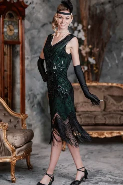 Best Retro Stage [US Warehouse] Dark Green 1920s Sequined Flapper Dress