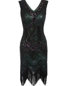Best Retro Stage [US Warehouse] Dark Green 1920s Sequined Flapper Dress