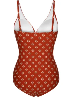 Best Retro Stage [US Warehouse] 1940s Leaves V-Neck Swimsuit Fire Brick Red