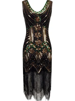 Online Retro Stage [US Warehouse] 1920s Beaded Fringed Flapper Dresses Gold