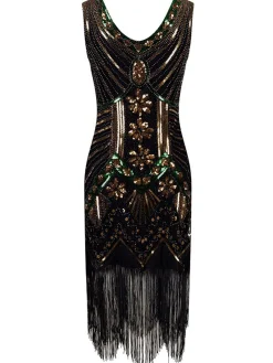 Online Retro Stage [US Warehouse] 1920s Beaded Fringed Flapper Dresses Gold