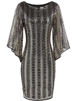 Hot Retro Stage [US Warehouse] 1920s Sequined Flare Sleeve Dress Gold