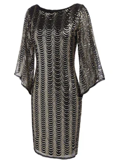 Hot Retro Stage [US Warehouse] 1920s Sequined Flare Sleeve Dress Gold