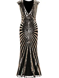 Online Retro Stage [US Warehouse] 1920s Sequin Art Deco Maxi Dress Gold